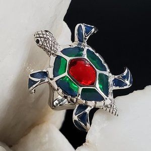 Solid Sterling Silver 925 Ring Turtle Hand Enameled Designer Jewelry